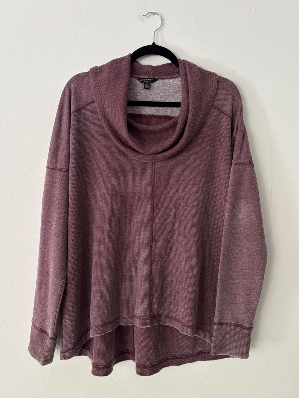 Lucky Brand Womens Cowl Neck Thermal Waffle Top M Burgundy High Low Pullover